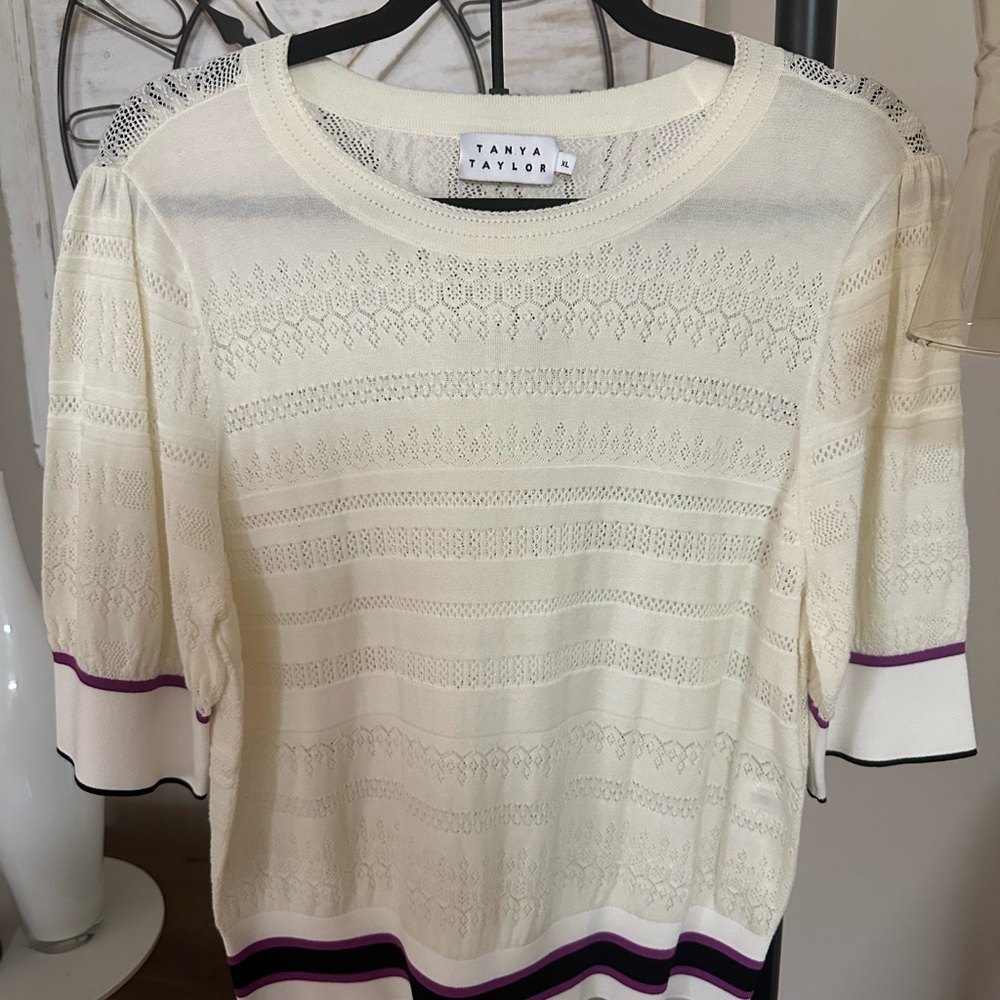 Tanya Taylor Cream Knit Top with Delicate Patterns